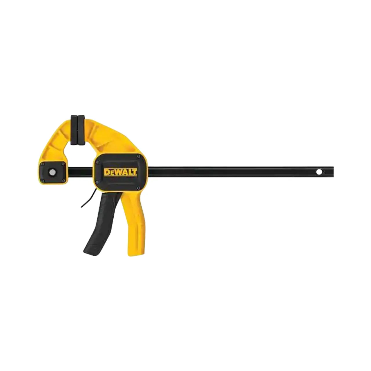 The Go Build 12 in. 300 lb. Trigger Clamp with 3.75 in. throat depth features a trigger handle for easy one-handed use, making it ideal for holding materials securely during woodworking or construction projects.